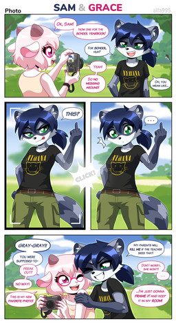 adolescent anthro belt blue_hair bottomwear camera camera_flash camera_hud clothed clothing day dialogue duo eyewear facial_markings female fur gesture glasses green_eyes grey_body grey_fur hair hand_gesture head_markings holding_camera holding_object horn markings mask_(marking) middle_finger one_eye_closed outside pants pink_eyes pink_hair posing_for_picture shirt smile striped_markings striped_tail stripes surprised t-shirt tail tail_markings taking_picture text tongue tongue_out topwear white_body white_fur young young_female alfa995 nirvana grace_(alfa995) sam_(alfa995) bovid caprine goat mammal procyonid raccoon comic english_text hi_res