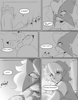 anthro bed bedroom bodily_fluids claws clothing dialogue duo eyelashes facial_hair facial_scar female furniture lamp light looking_at_hand male scar scared shaking shirt sweat sweatdrop topwear waking_up yelling spicykiwi nintendo pokemon thomas_(spicykiwi) tulip_(spicykiwi) generation_9_pokemon human mammal meowscarada pokemon_(species) absurd_res comic hi_res story