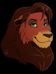 ambiguous_form black_nose brown_mane cheek_tuft closed_smile facial_tuft fur logo looking_at_viewer male mane mouth_closed narrowed_eyes orange_body orange_fur smile solo tuft yellow_body yellow_fur yellow_sclera milk-jug disney the_lion_king kovu_(the_lion_king) felid lion mammal pantherine alpha_channel artist_logo headshot_portrait portrait