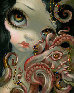 ambiguous_gender black_hair duo eyebrows eyelashes female feral gem hair horizontal_pupils jewelry lips long_hair makeup multicolored_eyes pale_skin pink_body pink_skin pupils round_nose suction_cup suction_cup_(anatomy) tentacles thick_lips thin_eyebrows jasmine_becket-griffith aquatic cephalopod coleoid human mammal mollusk octopodiform octopus 2013 dated formal_art painting_(artwork) traditional_media_(artwork) traditional_painting_(artwork)