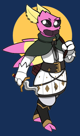 ambiguous_gender anthro bag barefoot belt black_eyes clothing dagger feet fur gloves handwear melee_weapon pink_body pink_fur simple_background solo weapon white_clothing wings yellow_background yellow_body yellow_fur trout_(artist) arthropod insect lepidopteran moth alpha_channel hi_res signature