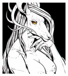 anthro breasts eyelashes female hair long_hair looking_at_viewer nails nipples pupil pupils red_eyes simple_background solo square_pupils yellow_eyes road~abelgeym deer mammal black_and_white hi_res line_art monochrome portrait