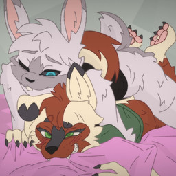 ahegao ambiguous_gender ambiguous_penetration anthro ass_up bed black_clothing black_sclera black_shirt black_topwear blinking blue_eyes blush bottomless bouncing brown_body brown_fur claws clothed clothing duo floppy_ears from_behind_position fur furniture grabbing_sheets green_eyes grey_body grey_fur grin happy happy_sex long_ears looking_pleasured male male/ambiguous partially_clothed paws penetration sex shirt smile tan_body tan_fur topwear wrapped_tail hekk nina_(zephyr_lyall) raik_(zephyr_lyall) canid canine canis lagomorph leporid mammal rabbit wolf 1:1 2d_animation animated frame_by_frame hi_res loop no_sound short_playtime video female_(lore)