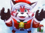 anthro bell bell_collar blush christmas_clothing christmas_headwear clothing collar fur green_eyes hat headgear headwear holidays male red_body red_fur santa_hat snow solo young young_anthro inugamihito christmas lifewonders tokyo_afterschool_summoners zhurong_(tas) ailurid mammal red_panda hi_res