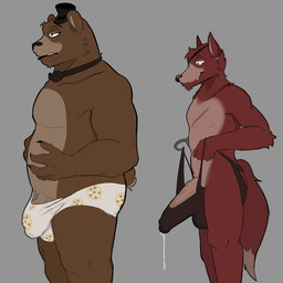 anthro belly big_breasts big_butt big_penis bodily_fluids breasts butt clothing erection genital_fluids genitals male male/male penis precum slightly_chubby thick_thighs thong underwear moonydoony five_nights_at_freddy's scottgames foxy_(fnaf) freddy_(fnaf) 1:1