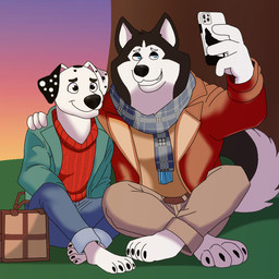 anthro anthrofied black_body black_fur black_spots blue_bottomwear blue_clothing blue_eyes blue_jeans blue_pants blue_scarf bottomwear cellphone clothing countershade_face countershading denim denim_bottomwear denim_clothing electronics fur holding_object holding_phone jacket jeans male pants phone red_clothing red_jacket red_sweater red_topwear scarf smartphone spots sweater tail tail_tuft tan_bottomwear tan_clothing tan_pants topwear tuft white_body white_fur white_tail_tuft blumasterblade 101_dalmatian_street 101_dalmatians disney dylan_(101_dalmatians) hansel_(101_dalmatians) canid canine canis dalmatian domestic_dog husky mammal nordic_sled_dog spitz 1:1