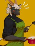 5_fingers anthro apron black_body black_fur braided_hair clothing cooking eyes_closed eyewear fingers food fur glasses hair horn male muscular muscular_anthro muscular_male solo sweater topwear white_hair ama_imakuma lifewonders tokyo_afterschool_summoners tanngrisnir_(tas) bovid caprine goat mammal 2021 hi_res