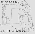 anthro belly bulge clothed clothing duo female hair humor male overweight overweight_male pantsless spikes spikes_(anatomy) text underwear prometheuzone bottom_text_(meme) cavemanon_studios i_wani_hug_that_gator buster_(iwhtg) kiara_(iwhtg) ceratopsian dinosaur ornithischian prehistoric_species reptile scalie triceratops english_text meme monochrome