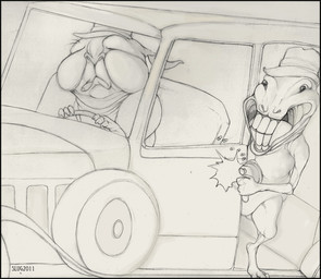 anthro car cigar clothing duo frown gangster gun hat headgear headwear inside_car inside_vehicle male ranged_weapon smile submachine_gun teeth thompson_gun vehicle weapon what oddbird unknown_species graphite_(artwork) greyscale monochrome traditional_media_(artwork)