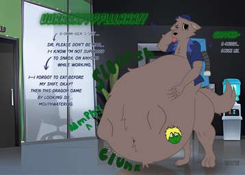 abdominal_bulge anthro anthro_pred anthro_prey apologetic apologizing_to_viewer arm_tuft belly belly_overhang belly_tuft big_belly blue_clothing brown_body brown_fur burping burping_while_talking caught_in_the_act cheek_tuft chest_tuft cleaning_tool clothed clothed_anthro clothed_male clothed_pred clothing dialogue digestion_noises duo ears_down elbow_tuft embarrassed embarrassed_male exposed_belly facial_tuft fur glunk_(sound_effect) guilty hand_behind_head hand_on_belly hand_on_own_belly hat head_tuft headgear headwear huge_belly janitor male male_pred male_prey moan mph! muffled muffled_sounds muffled_speech navel navel_outline navel_tuft nervous nervous_look obese obese_anthro obese_male office office_background overweight overweight_anthro overweight_male pivoted_ears reluctant_pred remorse rumbling_stomach same_size_vore slorsh slosh sloshing_belly stuttering tail tail_tuft talking_to_another talking_to_viewer text tongue tongue_out tuft uniform vacuum_cleaner vore vore_tattoo work_clothes work_uniform worried worried_look mandro22 mythology the_werecleaner fataltragedy2004_(character) kyle_(the_werecleaner) canid canine dragon mammal mythological_canine mythological_creature mythological_scalie scalie werecanid werecanine werecreature werewolf absurd_res english_text hi_res huge_filesize