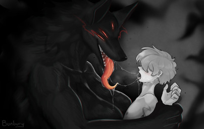 5_eyes after_kiss anthro arm_grab big_breasts black_body black_ears black_fur black_inner_ear black_nose bodily_fluids breasts dripping drooling duo eyelashes female female_anthro female_on_human fur glowing glowing_eyes grey_background hair hair_over_eyes human_on_anthro humanoid_hands interspecies larger_anthro larger_female light_body light_skin long_tongue looking_at_another looking_at_partner male male/female male_human male_on_anthro monotone_body monotone_fur multi_eye nude nude_anthro nude_female nude_human nude_male open_mouth open_smile pink_tongue red_eyes restrained saliva saliva_drip saliva_string sharp_teeth side_view simple_background size_difference smaller_human smaller_male smile teeth tongue tongue_out bunbury canid canid_demon canine canis demon human mammal wolf 2025 hi_res shaded signature spot_color