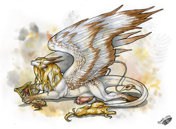 blonde_hair claws eyes_closed feathered_wings feathers female feral hair harp lying musical_instrument plucked_string_instrument smile solo string_instrument tail white_body white_feathers wings natoli mythology dragon feathered_dragon feathered_scalie mythological_creature mythological_scalie scalie 2013 traditional_media_(artwork) watermark