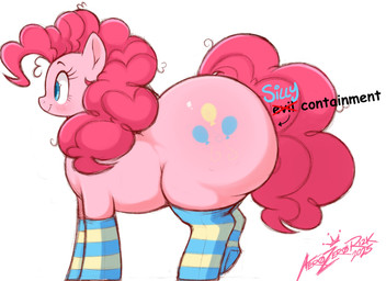 big_butt blue_eyes bubble_butt butt clothed clothing cutie_mark eyelashes female feral hair huge_butt humor legwear pink_body pink_hair pupils quadruped side_view simple_background smile solo tail text thick_thighs thigh_highs aer0_zer0 evil_container friendship_is_magic hasbro my_little_pony pinkie_pie_(mlp) equid equine mammal absurd_res hi_res meme