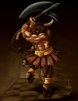 abs anthro axe belt biceps biped brown_body brown_fur clothing ear_piercing facial_piercing fangs fur holding_object holding_weapon hooves horn looking_at_viewer male melee_weapon muscular muscular_anthro muscular_male nose_piercing nose_ring open_mouth pecs piercing pose ring_piercing septum_piercing solo standing tail tail_tuft teeth tuft weapon fdiskart european_mythology greek_mythology mythology bovid bovine mammal minotaur
