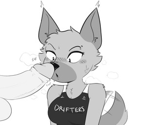 anthro balls bodily_fluids breasts clothed clothing duo ears_up facial_piercing female fur genitals male male/female musk open_mouth penile penis penis_sniffing piercing shirt simple_background sniffing steam sweat tail tail_motion tailwag tank_top text topwear tuft 4chan_anon unknown_artist ventura_city_drifters rose_naire canid canine canis domestic_dog german_shepherd herding_dog human mammal pastoral_dog bust_portrait digital_media_(artwork) english_text monochrome portrait