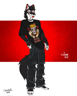 anthro black_body black_fur chain clothing ear_piercing ear_ring ears_up facial_piercing feet foot_fetish foot_focus fur humanoid_feet looking_at_viewer male nose_piercing nose_ring piercing plantigrade red_eyes ring ring_piercing solo spikes tail text text_on_clothing tongue tongue_out white_body white_fur bartek22 wayne_(bartek22) canid canine canis mammal wolf hi_res