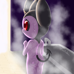 anthro bath bathing bathroom black_body black_eyes black_fur butt dripping_wet female fur looking_away nude red_sclera side_view solo spade_tail steam steaming_body tail wet white_body young young_female izzipurrito izzi_(izzipurrito) felid feline mammal 1:1 absurd_res hi_res