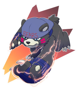 ambiguous_gender attack belt cheek_markings claws clenched_teeth clothing electricity facial_markings fight fluffy fluffy_tail fur grey_body grey_fur hat head_markings headgear headwear lightning markings pawpads paws running simple_background solo tail teeth text gatodae bandai_namco digimon bear bearmon digimon_(species) mammal ursine 2021 absurd_res english_text hi_res