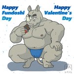 anthro asian_clothing belly blue_clothing blue_fundoshi blue_underwear candy chocolate clothing dessert east_asian_clothing eating food fundoshi grey_body horn humanoid_hands japanese_clothing kemono male moobs musclegut muscular navel nipples overweight overweight_male solo text underwear goyemon_k fundoshi's_day mammal rhinoceros 1:1 2022 english_text