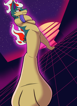 anthro armband clothing fire fur green_body green_ears green_fur green_tail multicolored_body multicolored_ears multicolored_fur paws purple_clothing purple_ears red_eyes standing synthwave tail tan_body tan_fur tan_tail two_tone_body two_tone_ears two_tone_fur two_tone_tail aztepyeen nintendo pokemon rozzi_(quilenthusiast) generation_2_pokemon pokemon_(species) quilava 2024 absurd_res digital_drawing_(artwork) digital_media_(artwork) hi_res