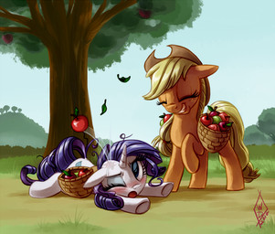 apple blonde_hair blush clothing cowboy_hat detailed_background duo eyelashes eyes_closed female feral food fruit hair hat headgear headwear hooves horn one_eye_closed orange_body outside plant pupils purple_hair quadruped smile tail tree white_body whitediamonds friendship_is_magic hasbro my_little_pony mythology applejack_(mlp) rarity_(mlp) equid equine mammal mythological_creature mythological_equine unicorn 2012 digital_media_(artwork) hi_res