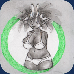 4_missing_limbs 6_horns amputee big_breasts bra breasts clothing curly_hair disability female hair horn multi_horn not_furry panties quadruple_amputee solo underwear wide_hips azumaril demon 1:1 traditional_media_(artwork)