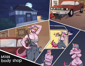 abs accessory anthro areola big_breasts biped blonde_hair blue_eyes bodily_fluids bone_frill boots bra breasts building car clothed clothed_anthro clothed_female clothing cloud detailed_background dirty female fingers footwear frill_(anatomy) front_view full_moon garage genitals grey_bra grey_clothing grey_underwear hair hand_on_hip headband holding_object holding_tool holding_wrench house humanoid_genitalia humanoid_hands humanoid_vulva inside looking_aside looking_at_viewer mechanic medium_hair moon motion_lines muscular muscular_anthro muscular_arms muscular_female nervous nervous_smile night nipples no_pupils non-mammal_breasts non-mammal_nipples open_mouth open_smile overalls pink_body poster_(object) removing_bra seductive shoes sky smile solo spiked_tail spikes spikes_(anatomy) standing sweat sweaty_abs sweaty_body sweaty_breasts tail text tools underwear undressing vehicle vulva wrench eddodoodle cavemanon_studios ford ford_mustang i_wani_hug_that_gator mia_moretti dinosaur hadrosaurid ornithischian ornithopod parasaurolophus prehistoric_species reptile scalie 2026 absurd_res colored comic english_text hi_res shaded