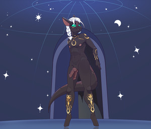 2_penises anthro black_body black_tail genitals green_eyes hair knot knotted_penis male multi_genitalia multi_penis penis solo tail teeth white_hair chapaevv absurd_res hi_res