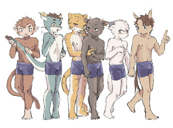 anthro anthro_on_anthro biped blush brown_body brown_fur bulge clothed clothing countershade_face countershade_fur countershade_tail countershade_torso countershading fingers fur group horn kemono male male/male shota simple_background swimwear tail topless topless_anthro topless_male white_background young young_anthro young_male young_on_young beegoma chinese_zodiac mythology bovid bovine caprine cattle dragon eastern_dragon equid equine felid haplorhine horse mammal monkey mythological_creature mythological_scalie pantherine primate scalie sheep tiger 2023 hi_res