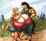 anthro barefoot belly beverage big_belly big_breasts big_butt black_hair blonde_hair bottomwear breasts butt cleavage clothed clothing curvy_figure detailed_background duo feet female green_eyes hair huge_breasts huge_butt hyper hyper_breasts larger_male male muscular muscular_male outside overweight overweight_female park purple_eyes shirt shorts size_difference smaller_female tank_top thick_thighs topwear voluptuous wide_hips helaviskrew mirroidal karmelita_(mirroidal) bovid bovine cattle equid equine horse mammal 2017 digital_media_(artwork)