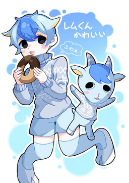 alternate_species anthro blue_body blue_clothing blue_fur blue_hair blue_sweater blue_topwear blush chibi christmas_clothing christmas_sweater christmas_topwear clothing dessert doughnut duo food fur hair head_tuft holidays horn humanized male pastry sweater topwear tuft animal_crossing christmas nintendo sherb_(animal_crossing) bovid caprine goat human mammal hi_res