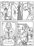 absurd_res ambiguous_gender anthro canid canine clothed clothing comic door duo ear_piercing english_text fox hi_res hybrid inner_ear_fluff kif_yppreah kifyun2 male mammal mirror monochrome necktie piercing raphael_yppreah shirt sibling_(lore) simple_background sink speech_bubble text tired_eyes topwear tuft walking