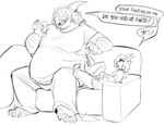 anthro belly cellphone claws clothed clothing dialogue duo electronics feet furniture horn imminent_fart male male/male mature_male obese obese_anthro obese_male on_sofa overweight overweight_anthro overweight_male phone sitting sitting_on_sofa size_difference slim sofa teeth toilet_humor catatex_69 murray_orca bovid caprine cetacean dolphin humanoid mammal marine oceanic_dolphin orca toothed_whale hi_res monochrome