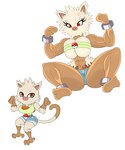 abs angry anthro biceps big_breasts bottomwear breasts brown_body clothing cross-popping_vein duo female fur generation_1_pokemon hi_res huge_breasts mankey muscular muscular_anthro muscular_female nintendo pokeball pokemon pokemon_(species) primeape red_eyes shirt shorts simple_background tail topwear urusee584 white_background white_body white_fur