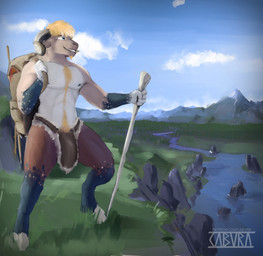 5_fingers abs anthro backpack biceps blonde_hair blue_eyes body_hair bottomwear brown_body chest_hair clothed clothing cloud detailed_background facial_hair fingers fur gloves_(marking) goatee grey_body grey_fur hair happy_trail hooves horn landscape leg_markings loincloth male markings mountain multicolored_body multicolored_fur muscular muscular_anthro muscular_male nature nature_background navel nipples outside partially_clothed pecs pubes river sky smile socks_(marking) solo standing teeth text tuft underwear unguligrade walking_stick white_body white_fur cabura mocca_(character) bovid bovine caprine goat mammal 2021 digital_media_(artwork) hi_res signature