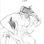 2022 animate_inanimate anthro axe beak biped clothing custapple digital_media_(artwork) duo facial_scar genitals greyscale hammer living_weapon male melee_weapon monochrome muscular muscular_anthro muscular_male pecs penis scar sketch thong tools underwear warhammer weapon