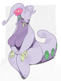 anthro big_breasts biped blush breasts countershade_torso countershading feet female fingers front_view nude nude_anthro nude_female simple_background sitting smile solo tail toes kame_3 nintendo pokemon generation_6_pokemon goodra pokemon_(species) 2026 absurd_res digital_drawing_(artwork) digital_media_(artwork) hi_res