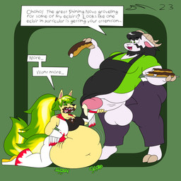 apron begging_for_more big_penis black_hair clothing female food fur genitals glowing glowing_hair hair hypnosis male mind_control overweight penis stuffing teasing text weight_gain white_body white_fur yellow_body yellow_fur dirtymac bovid canid canine canis caprine goat jackal mammal 1:1 absurd_res english_text hi_res