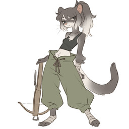 anthro bottomwear clothed clothing crossbow feet female foot_wraps fur gradient_hair grey_body grey_fur hair hand_wraps mercenary oversized_bottomwear oversized_clothing oversized_pants pants pink_nose ponytail ranged_weapon shirt simple_background smile solo tank_top topwear weapon whiskers white_background wraps tateoftot domestic_ferret mammal mustelid musteline true_musteline weasel 1:1 hi_res
