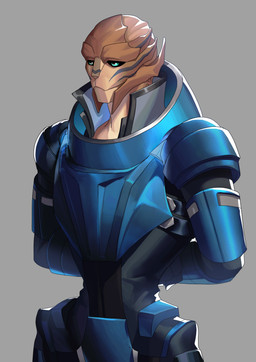 armor backlighting blue_eyes bodypaint face_paint female grey_background hands_behind_back light looking_forward simple_background solo standing leafjuly bioware electronic_arts mass_effect eliana_corvalis alien turian 2022 absurd_res digital_media_(artwork) hi_res lighting
