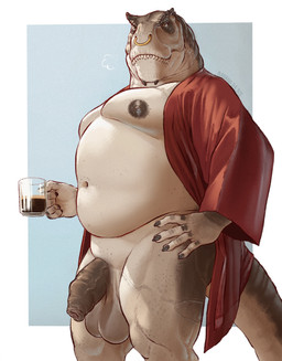 anthro balls bathrobe beverage biped black_nipples black_penis clothed clothing coffee facial_piercing flaccid foreskin genitals humanoid_genitalia humanoid_penis male mature_anthro mature_male navel nipples non-mammal_balls non-mammal_nipples nose_piercing nose_ring open_clothing open_robe overweight overweight_male penis piercing ring_piercing robe solo standing tail teeth unretracted_foreskin vein veiny_muscles veiny_penis veiny_thighs banana_da_boi dinosaur prehistoric_species reptile scalie hi_res