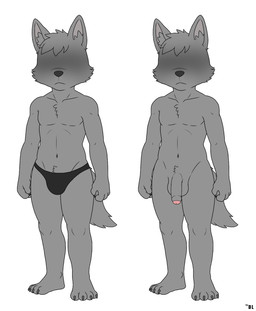 anthro athletic athletic_male balls black_clothing black_nose black_speedo black_swimwear bulge chest_tuft clothed clothing duo eyeless flaccid foreskin fur genitals glans grey_body grey_fur humanoid_genitalia male nude penis pink_glans pubes shadowed_eyes simple_background solo speedo speedo_only swimwear topless tuft white_background doomlazy27 canid canine canis mammal wolf full-length_portrait hi_res model_sheet portrait watermark