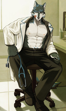 abs anthro bare_chest belt black_belt black_bottomwear black_clothing black_footwear black_pants black_shoes blue_hair bottomwear chair claws clothed clothing coat desk footwear fur furniture hair inside lab_coat looking_at_viewer male medical medical_instrument messy_hair multicolored_body multicolored_fur muscular muscular_anthro muscular_male nipples office open_clothing open_lab_coat open_topwear pants pecs rolling_chair scientific_instrument shirtless shirtless_anthro shirtless_male shoes sitting smile smirk solo spiky_hair stethoscope table tail topwear white_body white_fur window yellow_eyes nebanaka thunderrangers archermagnum canid canine canis mammal wolf absurd_res hi_res