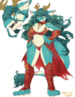 anthro armor armwear asian_clothing athletic athletic_female barbel_(anatomy) barefoot bikini_armor blue_body blue_hair chain clothing east_asian_clothing eyelashes feet female flesh_whiskers footwear hair horn jewelry legwear navel necklace open_mouth pointy_ears scales shoes simple_background solo tail text translucent translucent_clothing unconvincing_armor yellow_background yellow_eyes sanjiro mythology dragon mythological_creature mythological_scalie scalie 2024 dated hi_res
