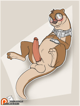animal_genitalia balls blush clothing erection eyewear feet feral genitals glasses humanoid_genitalia humanoid_genitalia_on_feral humanoid_penis humanoid_penis_on_feral long_penis lying male nude on_back pattern_clothing pattern_scarf penis plaid plaid_clothing plaid_scarf scarf sheath simple_background smile solo tail tapering_tail text tuft whiskers emenius mammal mustelid otter hi_res signature url