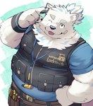 anthro bandage bandage_on_face belt blep clothing fur locksmith looking_at_viewer male one_eye_closed overweight pawpads shirt smile solo t-shirt tongue tongue_out tool_belt topwear white_body white_fur wink kinoshita-jiroh lifewonders live_a_hero yohack canid canine canis domestic_dog mammal nordic_sled_dog samoyed spitz hi_res