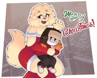 anthro black_eyes black_nose blush blush_lines breasts brown_eyebrows brown_eyes clothing eyebrows female freckles fur glistening glistening_eyes gloves hair handwear hat headgear headwear holidays long_tail male male/female pupils short_hair solo sweater tail talking_to_viewer tan_body tan_ears tan_fur tan_hair text thick_eyebrows topwear wave white_body white_fur skibanana christmas jessica_(skibanana) canid canine canis domestic_dog lagomorph leporid mammal rabbit absurd_res english_text hi_res