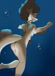 anthro barbel_(anatomy) bubble butt eyewear female fin flesh_whiskers gills glasses head_fin looking_at_viewer looking_back nude smile solo underwater water whiskers negasimon rafin catfish fish marine 2018 absurd_res hi_res