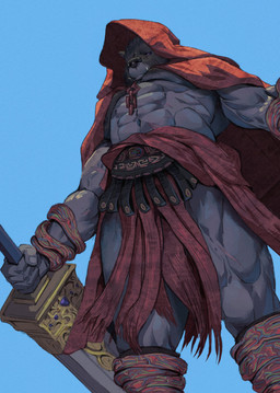 abs anthro arm_wraps biped black_nose blue_background cloak clothing fangs fur grey_body grey_fur holding_melee_weapon holding_object holding_sword holding_weapon leg_wraps looking_at_viewer looking_down looking_down_at_viewer male melee_weapon muscular muscular_anthro muscular_male pecs purple_eyes red_cloak red_clothing simple_background solo sword teeth weapon wraps eruprior elden_ring fromsoftware blaidd_(elden_ring) canid canine canis mammal wolf 2023 absurd_res digital_media_(artwork) hi_res