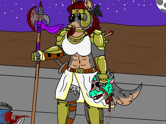 anthro armor clothing crop_top decapitation female gold_(metal) gold_armor gore hair halberd headgear headwear medieval melee_weapon polearm princess red_hair royalty scabbard shirt solo sword topwear weapon mythology canid canine canis dragon mammal mythological_creature mythological_scalie scalie wolf kona_(disambiguation) 4:3